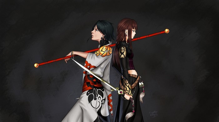 Two anime characters with swords and staffs