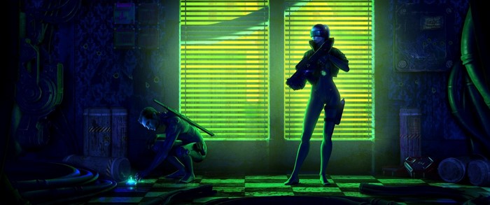 Two figures in a dimly lit, futuristic room with green lighting