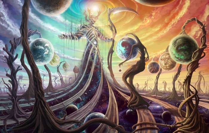 Fantasy art painting of a grim reaper figure in a cosmic landscape