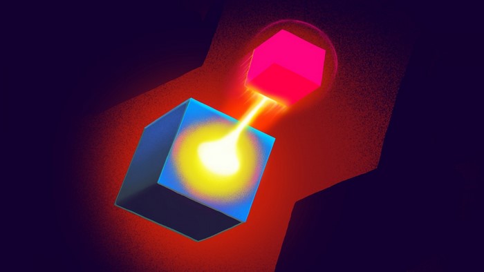 Abstract illustration of two glowing cubes with light beam