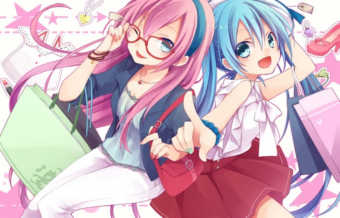 Anime girls with pink and blue hair shopping