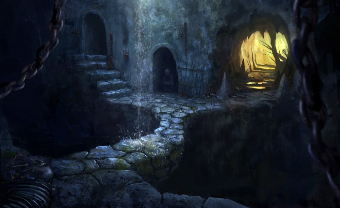 Fantasy cave with chains and skeletons