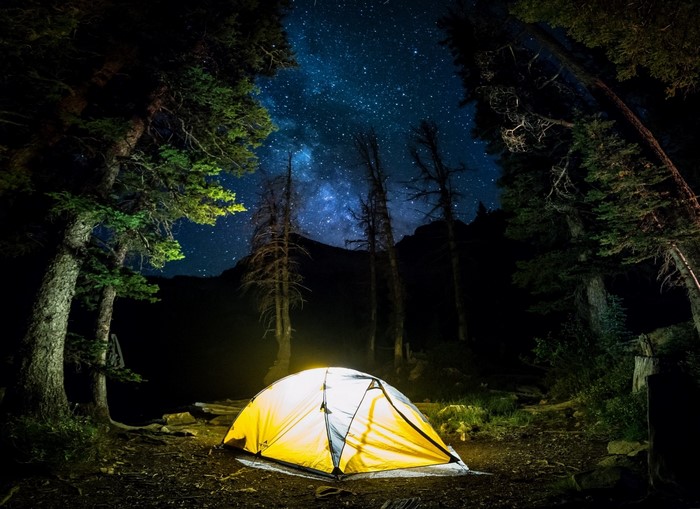 Camping tent under the Milky Way in a forest