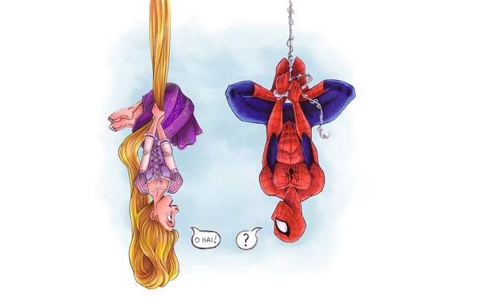 Rapunzel and Spider-Man hanging upside down