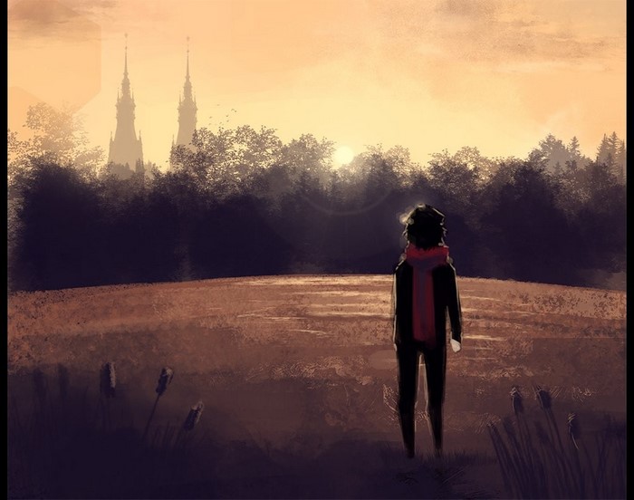 Person in a field at sunset with distant spires