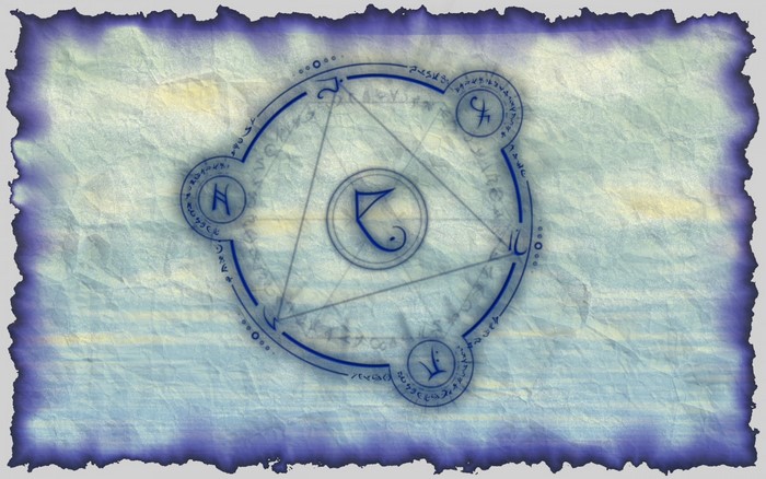 Blue magic circle with arcane symbols on parchment