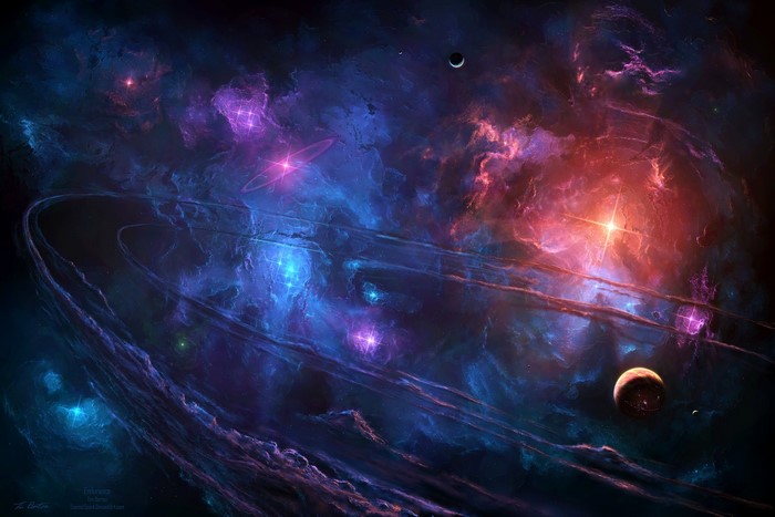 Vast nebula with planets and stars