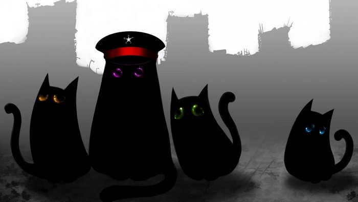 Four black cats with glowing eyes, one wearing a hat