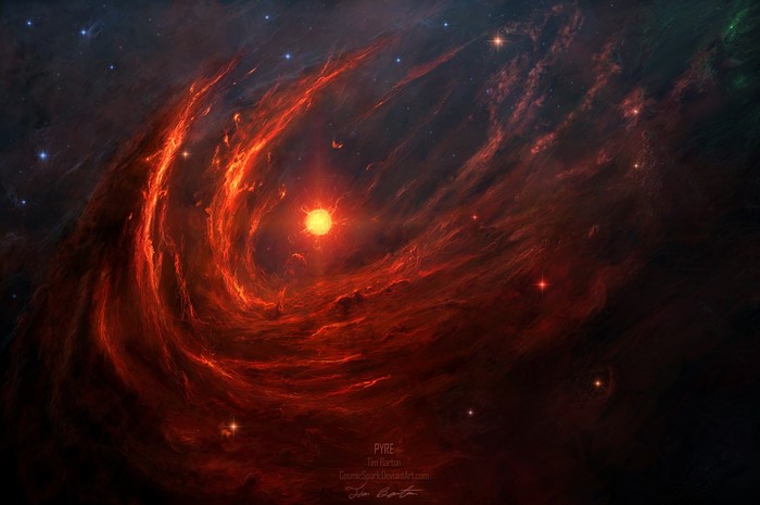 A swirling red nebula with a bright sun in space
