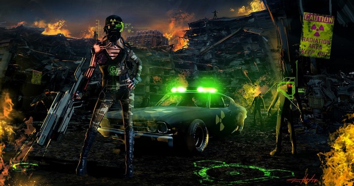 Post-apocalyptic scene with a woman and zombies
