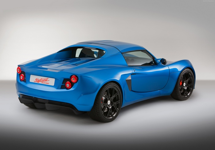 Blue Detroit Electric SP01 sports car rear view