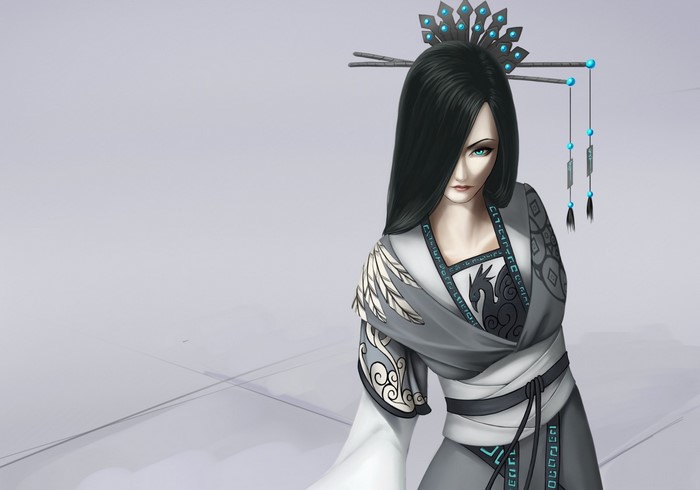 Fantasy art of a woman with black hair in traditional clothing