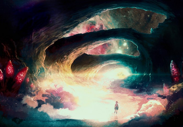 Painting of a girl in a cosmic cave with nebulae and crystals