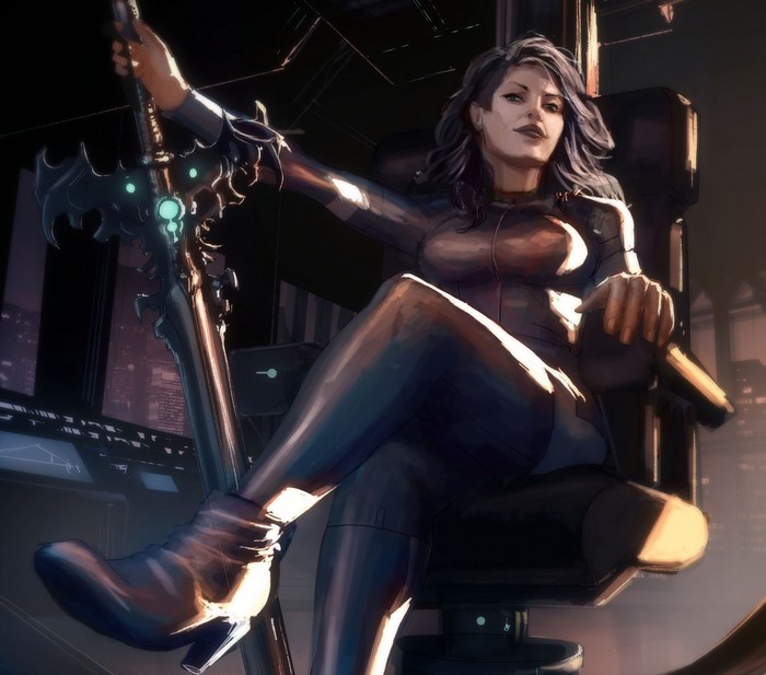Woman in futuristic suit holding a sword