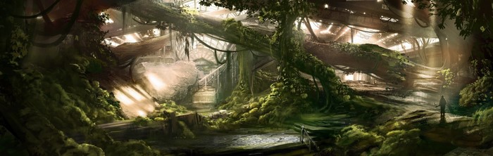 Artwork of a futuristic jungle with sunlight filtering through