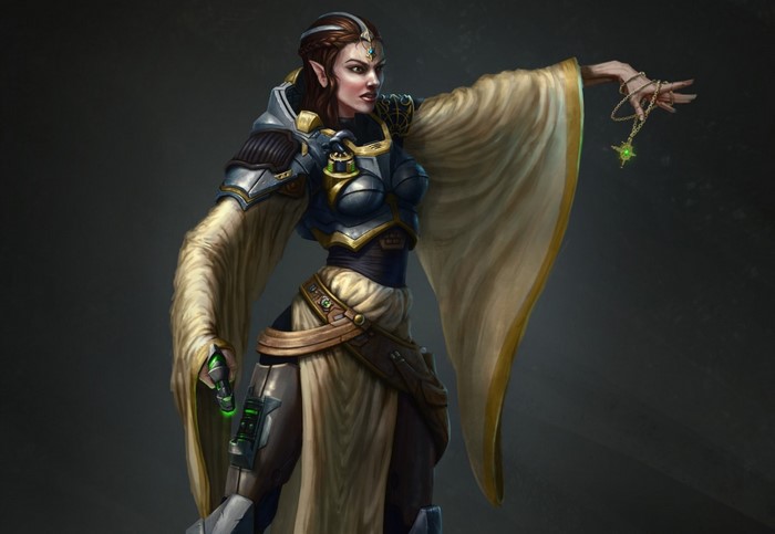 Fantasy art of an elf woman with armor and robes