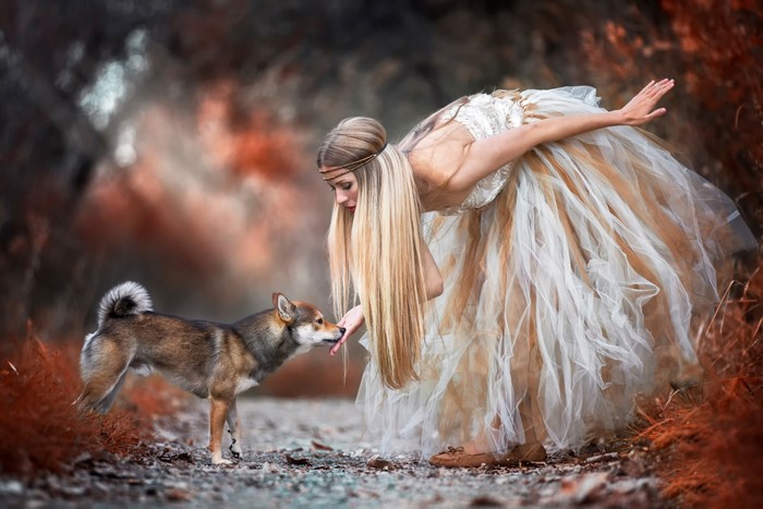 Woman in a flowing dress interacting with a dog in autumn
