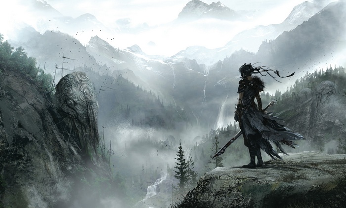 Senua from Hellblade in a misty mountain valley