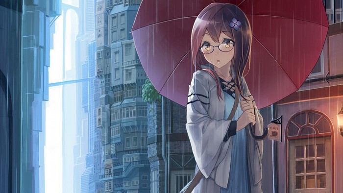 Anime girl with glasses holding umbrella in rainy city