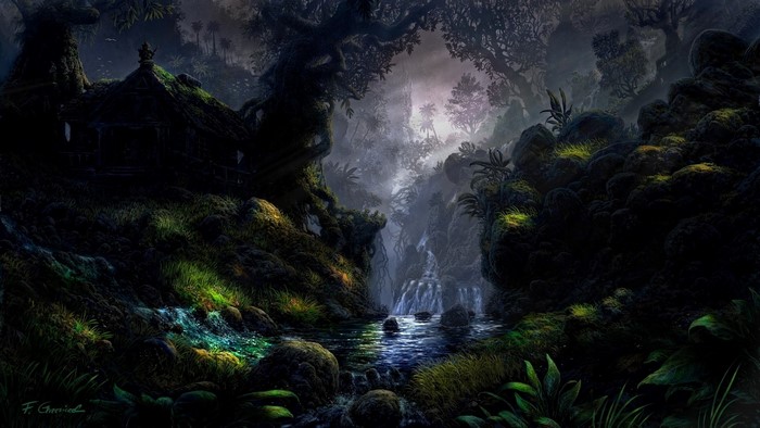 Fantasy jungle with a waterfall and a small hut