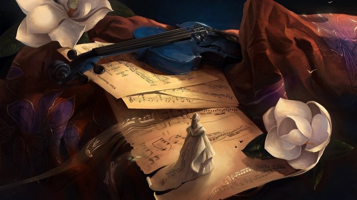 Violin and sheet music with flowers