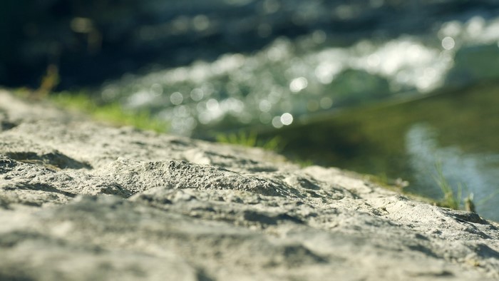 Close-up of rocks by a flowing stream with sunlight reflections
