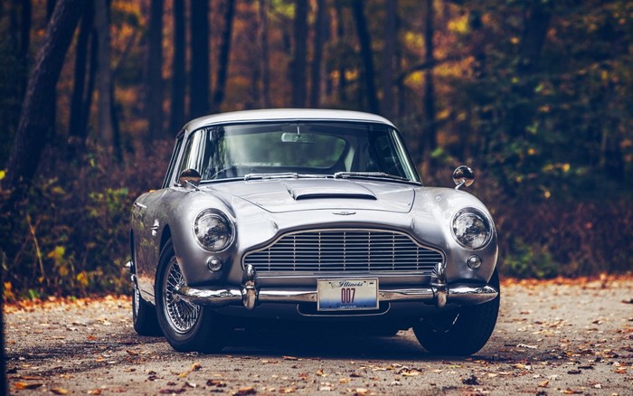 Silver Aston Martin DB5 with 007 license plate in forest