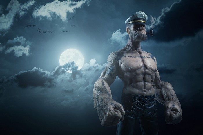Realistic 3D Popeye at Night with Moon and Clouds