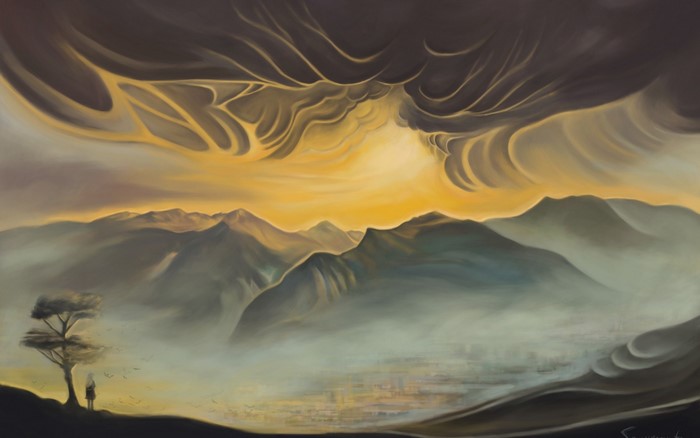 Digital painting of a woman and tree overlooking misty mountains at sunset