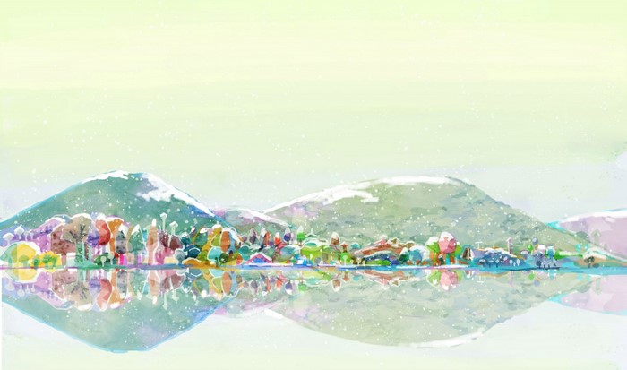 Colorful watercolor painting of snowy mountains and trees reflected in water