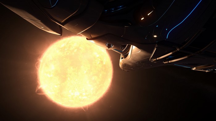 Spaceship near a bright star in outer space