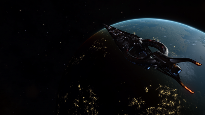 Spaceship orbiting a planet at night