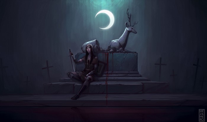 Fantasy art of a warrior woman in a graveyard