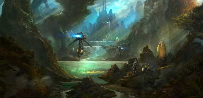 Science fiction landscape with futuristic vehicles and figures