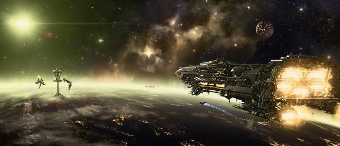 Spaceship over a planet with a bright sun