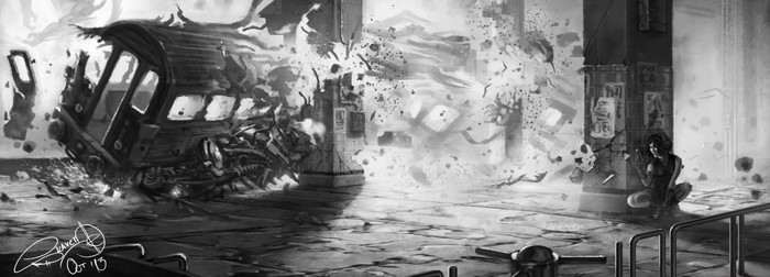Artwork of a train explosion with a person holding a gun