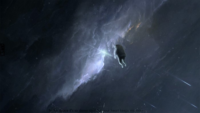 Astronaut floating in a nebula with a quote