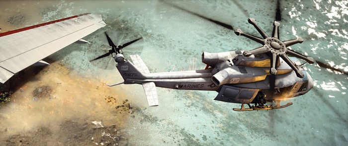 Helicopter and airplane wreckage over water