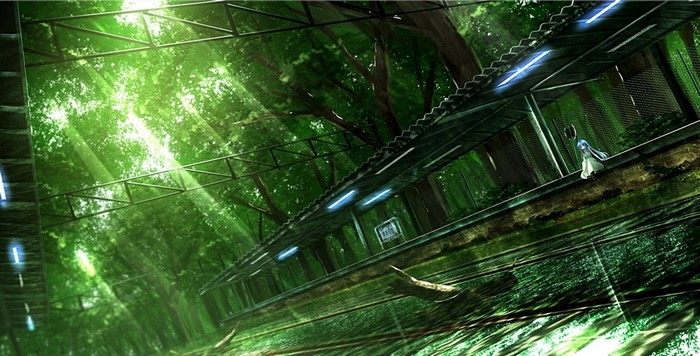 Anime girl on a train station platform in a forest