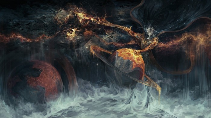 Cosmic entity manipulating planets and nebulae