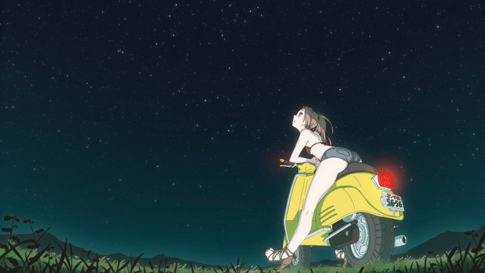 Haruhara Haruko from FLCL on a Vespa under the stars