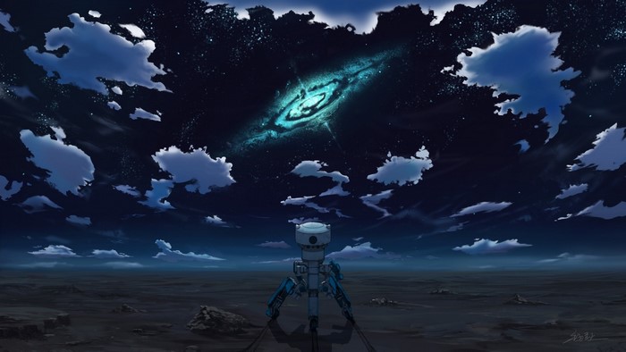 Robot observing a distant galaxy in a starry night sky