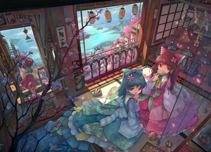 Anime girls in traditional Japanese room with cherry blossoms