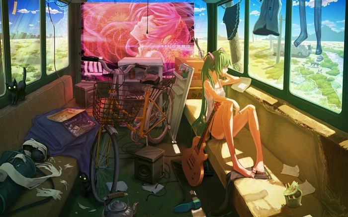 Hatsune Miku in a cluttered room with a bicycle and guitar