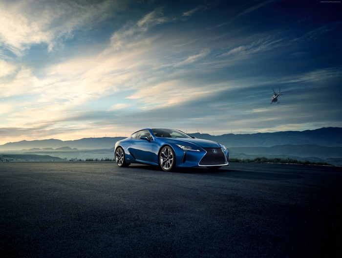 Blue Lexus LC 500h EU-spec sport car with helicopter