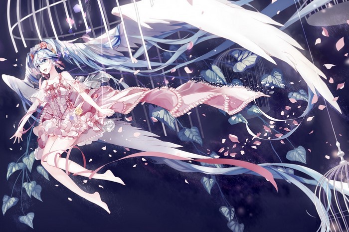 Hatsune Miku with wings and flowers in a cage