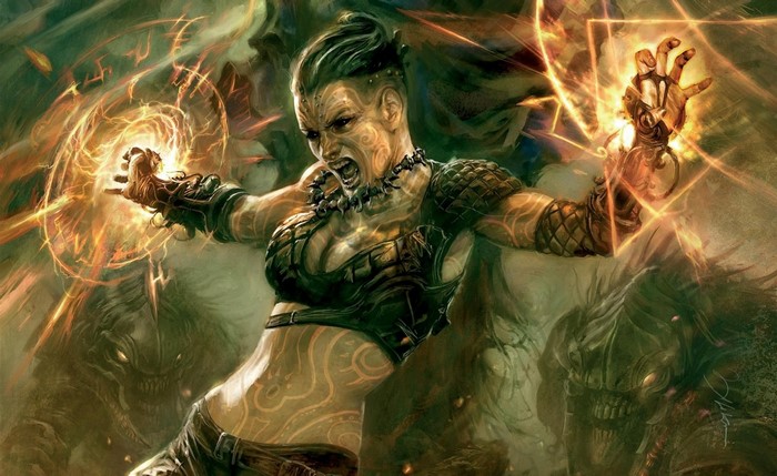 Woman warrior casting magic spells with monsters behind her