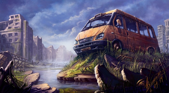 Apocalyptic scene with abandoned bus and ruined city