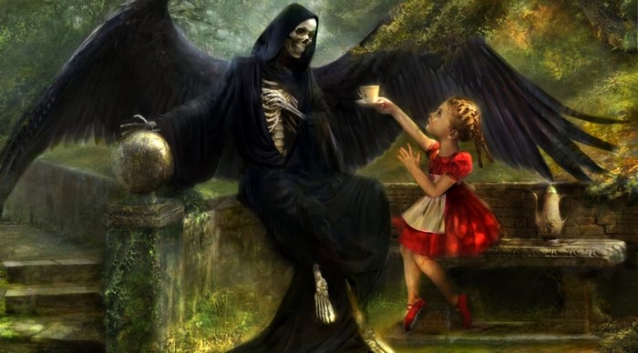 Death and a young girl having tea