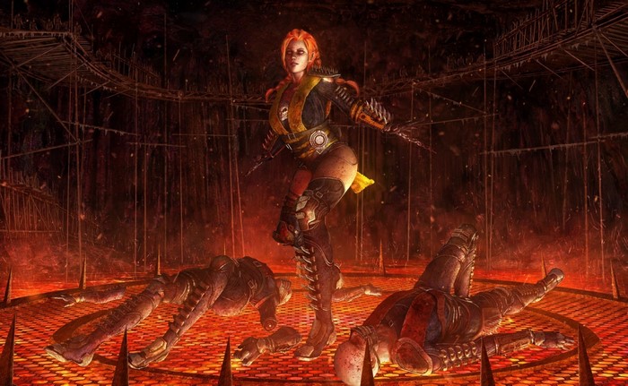Scorpion from Mortal Kombat standing over defeated foes